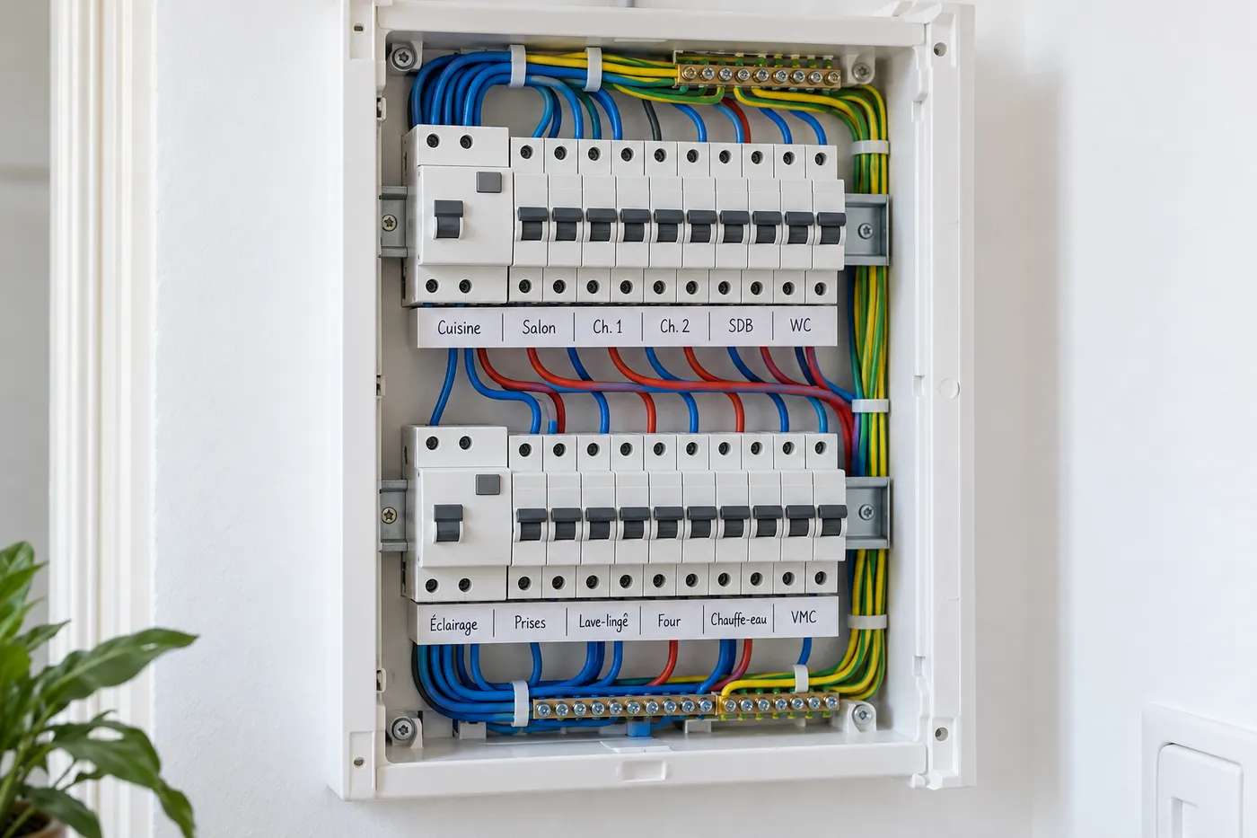 Tableau électrique neuf avec disjoncteurs et repérage des circuits dans un appartement à Paris